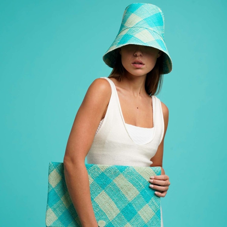 artesano Mauritius - Gingham Panama Straw Bag | Artesano Turquoise Online