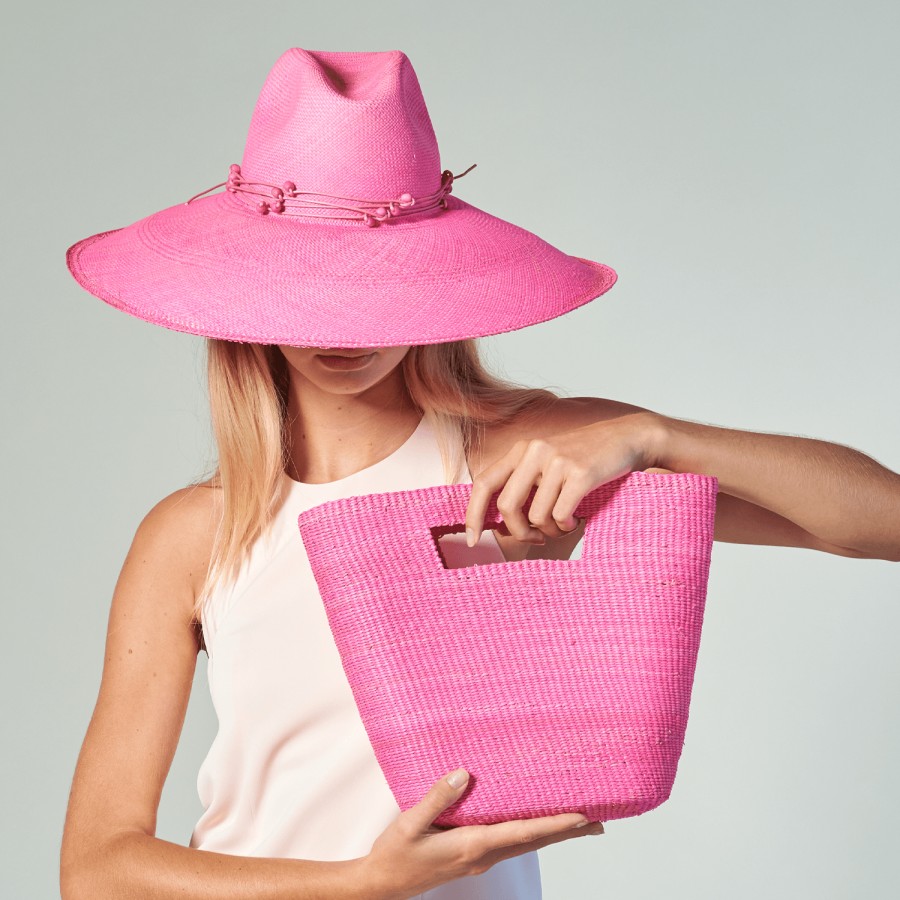 artesano Parana - Extra Wide Brim Tagua Beads Straw Panama Hat | Artesano Hot Pink Wholesale